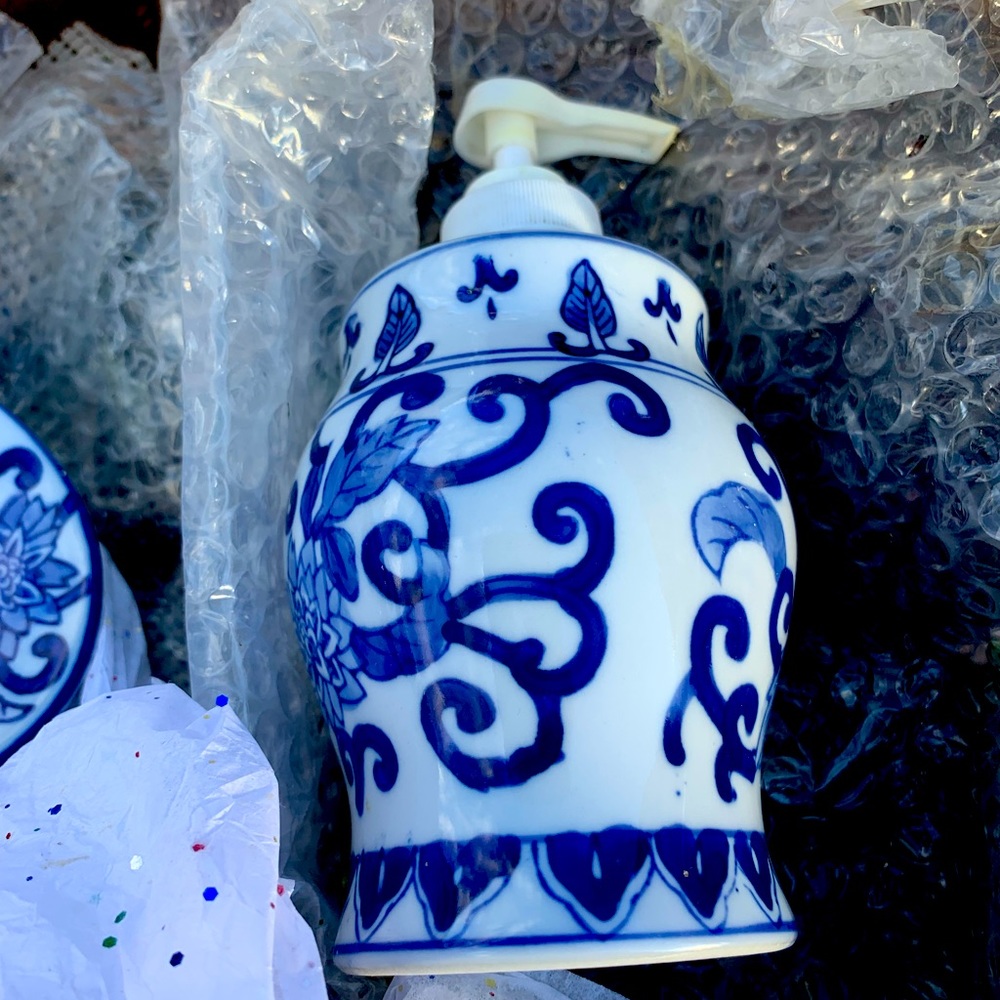 Blue, white soap dispenser Japanese art, vintage